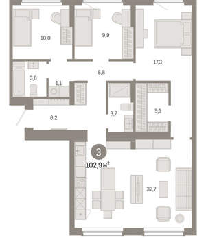 3-к квартира, вторичка, 103м2, 9/12 этаж