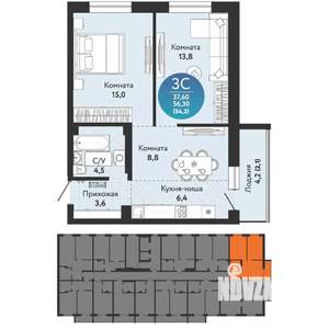 3-к квартира, вторичка, 54м2, 2/17 этаж