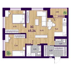 3-к квартира, вторичка, 65м2, 1/23 этаж