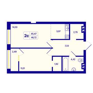 2-к квартира, вторичка, 47м2, 3/26 этаж