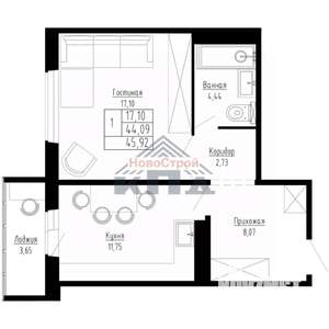 1-к квартира, строящийся дом, 46м2, 10/15 этаж