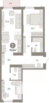 2-к квартира, вторичка, 75м2, 3/7 этаж