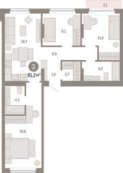 3-к квартира, вторичка, 81м2, 3/12 этаж