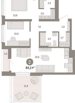 2-к квартира, вторичка, 84м2, 10/15 этаж