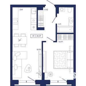 2-к квартира, вторичка, 46м2, 2/13 этаж