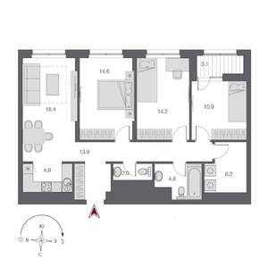 4-к квартира, строящийся дом, 94м2, 18/23 этаж