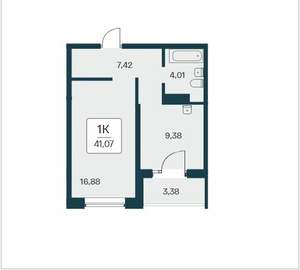 1-к квартира, вторичка, 41м2, 3/25 этаж