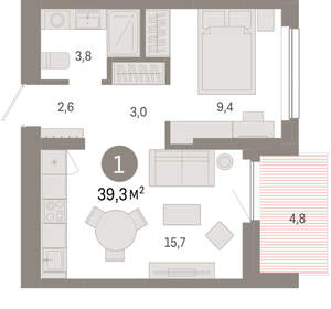 1-к квартира, вторичка, 39м2, 8/12 этаж