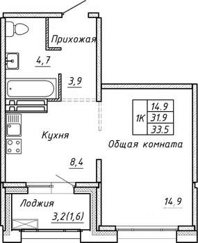1-к квартира, строящийся дом, 34м2, 14/15 этаж