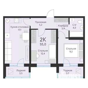 2-к квартира, вторичка, 55м2, 3/16 этаж