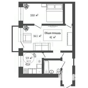 2-к квартира, вторичка, 42м2, 1/5 этаж