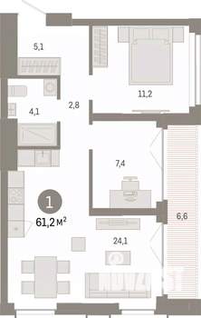 1-к квартира, вторичка, 61м2, 17/23 этаж