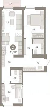 2-к квартира, вторичка, 75м2, 2/7 этаж