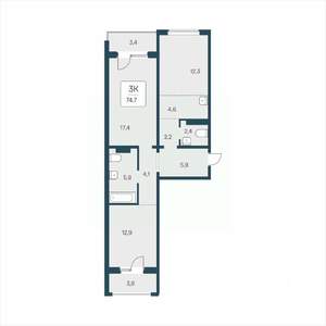 3-к квартира, вторичка, 75м2, 15/17 этаж