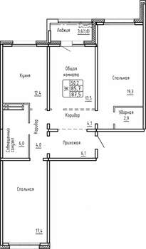 3-к квартира, строящийся дом, 88м2, 15/17 этаж