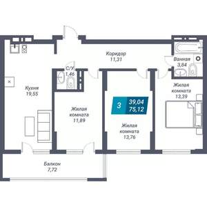 3-к квартира, строящийся дом, 75м2, 8/25 этаж