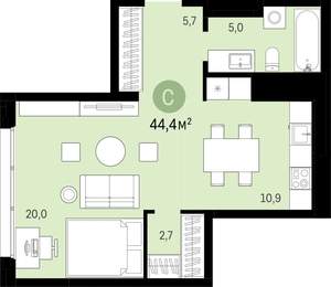 Студия квартира, сданный дом, 44м2, 4/18 этаж