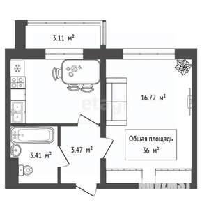 1-к квартира, вторичка, 36м2, 6/12 этаж