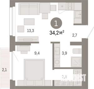 1-к квартира, вторичка, 34м2, 9/12 этаж