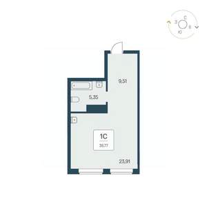 1-к квартира, строящийся дом, 39м2, 25/26 этаж