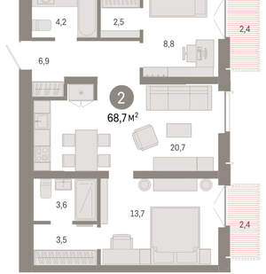 2-к квартира, вторичка, 69м2, 3/23 этаж