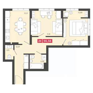 2-к квартира, вторичка, 56м2, 13/22 этаж