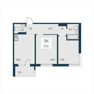 2-к квартира, вторичка, 58м2, 9/17 этаж