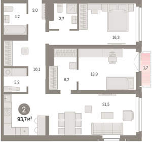 2-к квартира, вторичка, 94м2, 4/23 этаж