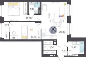 3-к квартира, строящийся дом, 63м2, 2/27 этаж