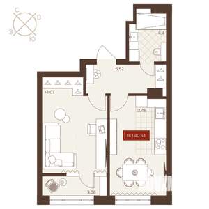 1-к квартира, вторичка, 41м2, 9/24 этаж