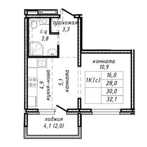 1-к квартира, строящийся дом, 30м2, 4/17 этаж