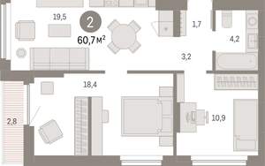 2-к квартира, вторичка, 61м2, 4/12 этаж