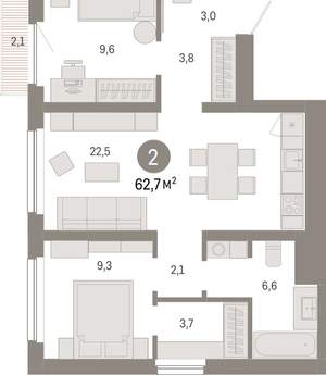 2-к квартира, вторичка, 63м2, 12/12 этаж