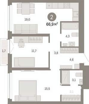 2-к квартира, вторичка, 67м2, 9/23 этаж