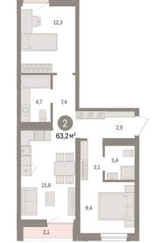 2-к квартира, вторичка, 63м2, 7/15 этаж