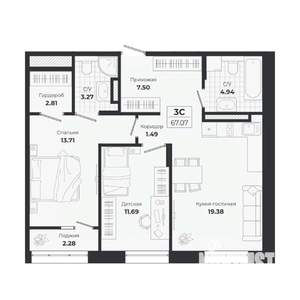 3-к квартира, строящийся дом, 65м2, 3/9 этаж