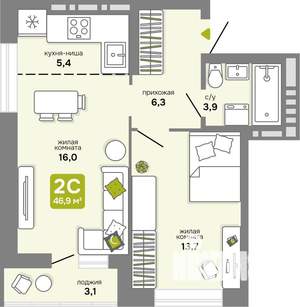 2-к квартира, строящийся дом, 47м2, 20/25 этаж