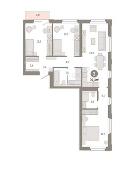 3-к квартира, вторичка, 92м2, 5/24 этаж