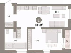 1-к квартира, вторичка, 59м2, 12/15 этаж