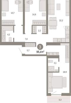 3-к квартира, вторичка, 95м2, 7/15 этаж