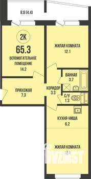 2-к квартира, строящийся дом, 65м2, 11/13 этаж