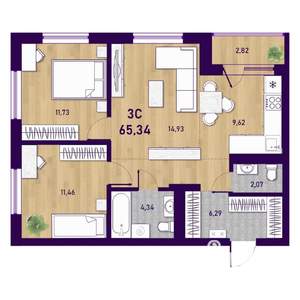 3-к квартира, вторичка, 65м2, 18/23 этаж