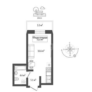 Студия квартира, вторичка, 32м2, 4/9 этаж