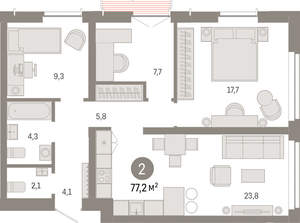 2-к квартира, вторичка, 77м2, 6/23 этаж