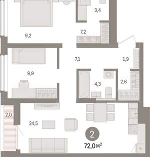 2-к квартира, вторичка, 72м2, 11/15 этаж