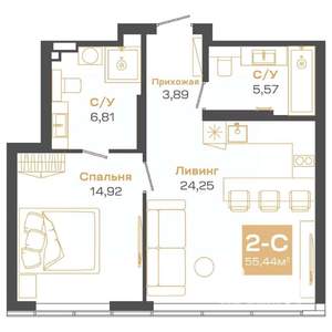 2-к квартира, строящийся дом, 55м2, 24/24 этаж