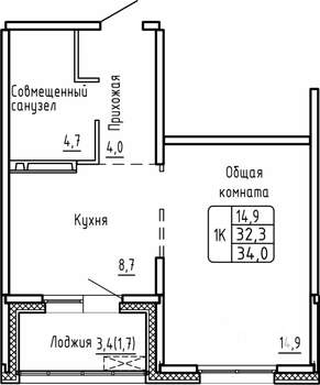 1-к квартира, строящийся дом, 34м2, 10/17 этаж