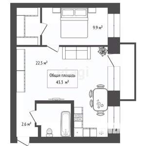 2-к квартира, вторичка, 43м2, 5/5 этаж