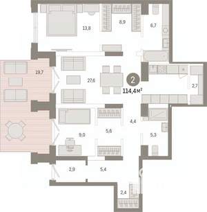 2-к квартира, вторичка, 114м2, 2/14 этаж