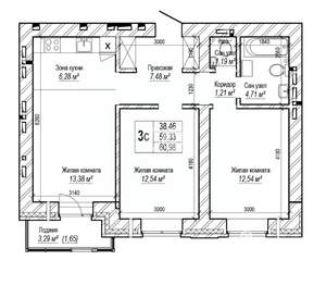 3-к квартира, вторичка, 60м2, 12/16 этаж